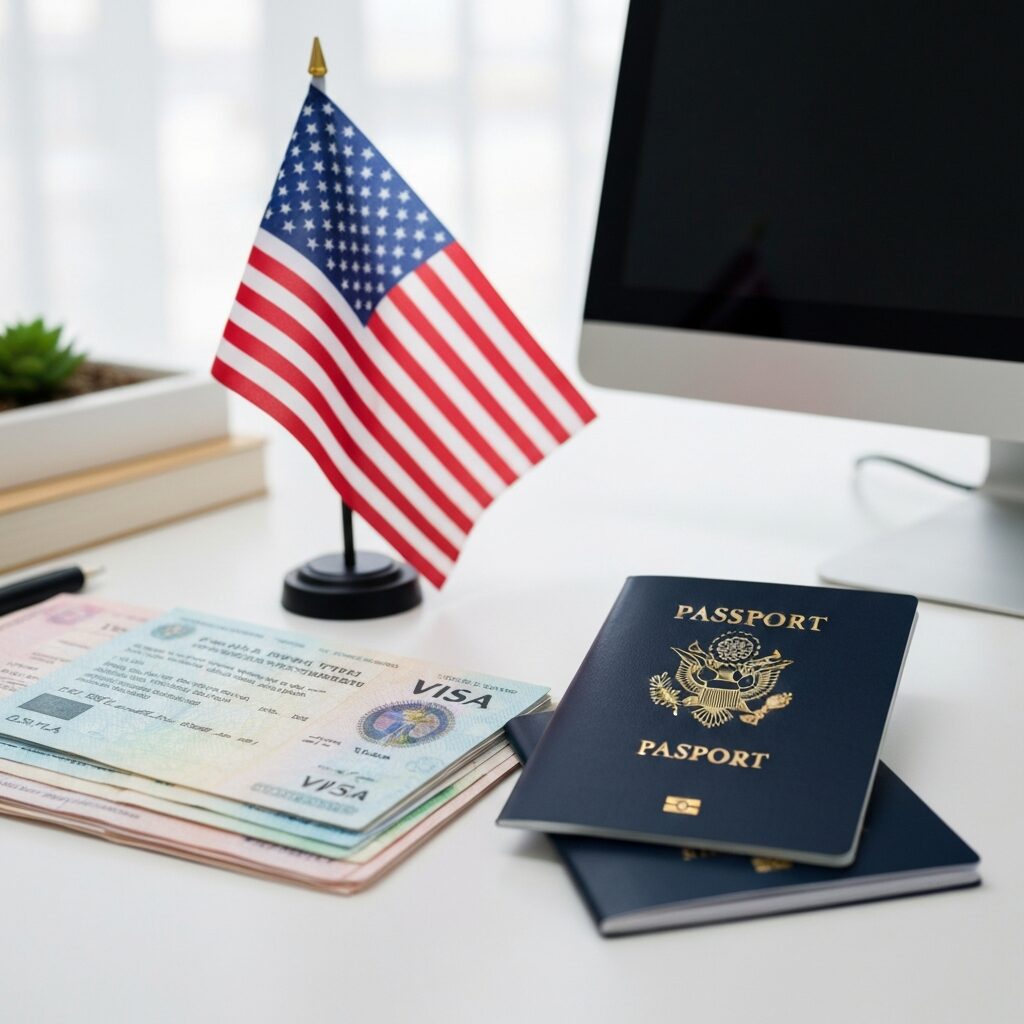 アメリカの国旗とパスポート、ビザ書類が整然と並べられたデスクの写真