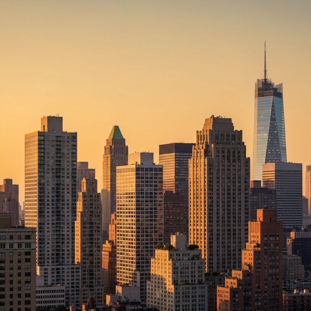 ニューヨークのマンハッタンのスカイラインと高層住宅建物群の夕暮れ時の写真