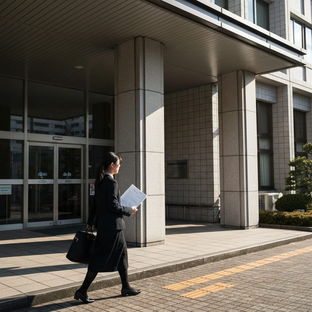日本の市役所や官公庁の建物外観、手続き書類を持つ人の手元の写真