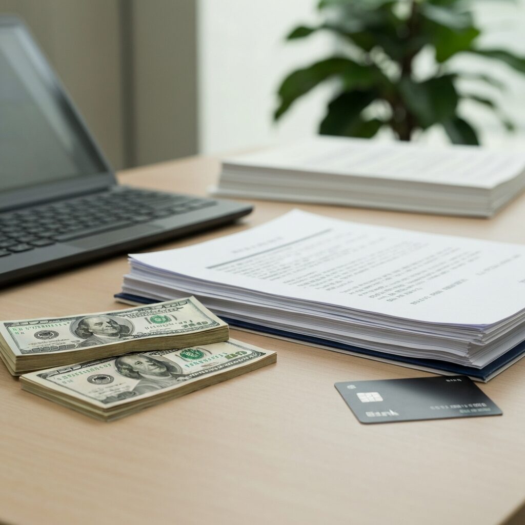 アメリカドル札束と日本円、銀行のATMカード、重要書類が並んだデスクの写真