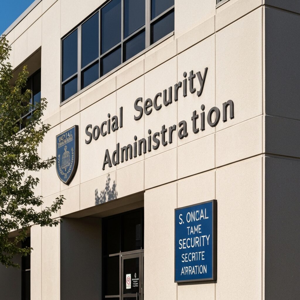 アメリカのソーシャルセキュリティオフィスの建物外観と「Social Security Administration」の看板