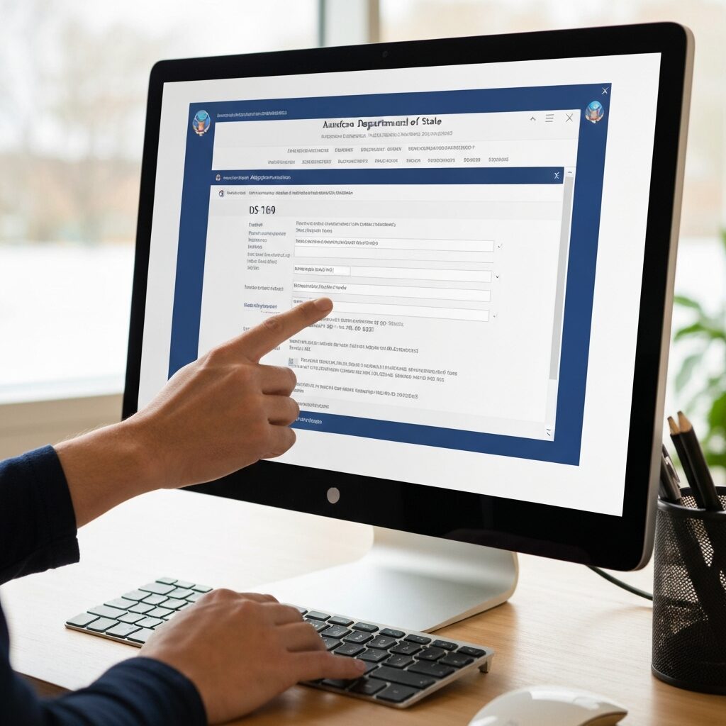 DS-160オンライン申請画面を操作する人の手元、アメリカ国務省の公式サイト画面が映るモニター
