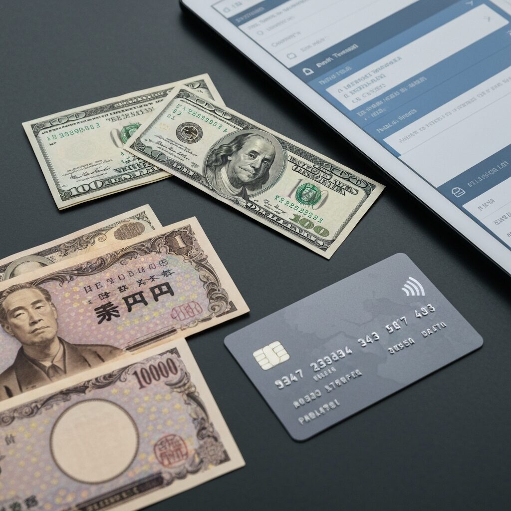アメリカドル紙幣と日本円紙幣、クレジットカード、銀行振込の画面が並ぶ金融イメージ