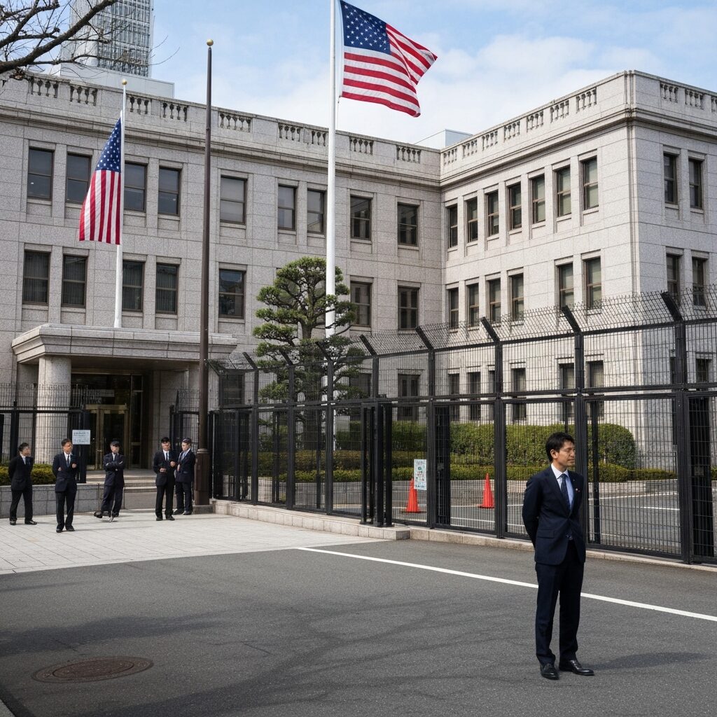 在日アメリカ大使館の外観、警備が厳重で星条旗が掲げられた正面入口
