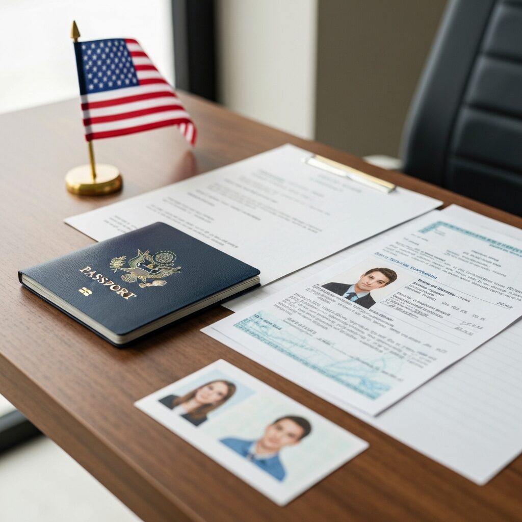 パスポート、書類、証明写真が整然と並べられたデスクトップ、アメリカ国旗の小さなフラッグ