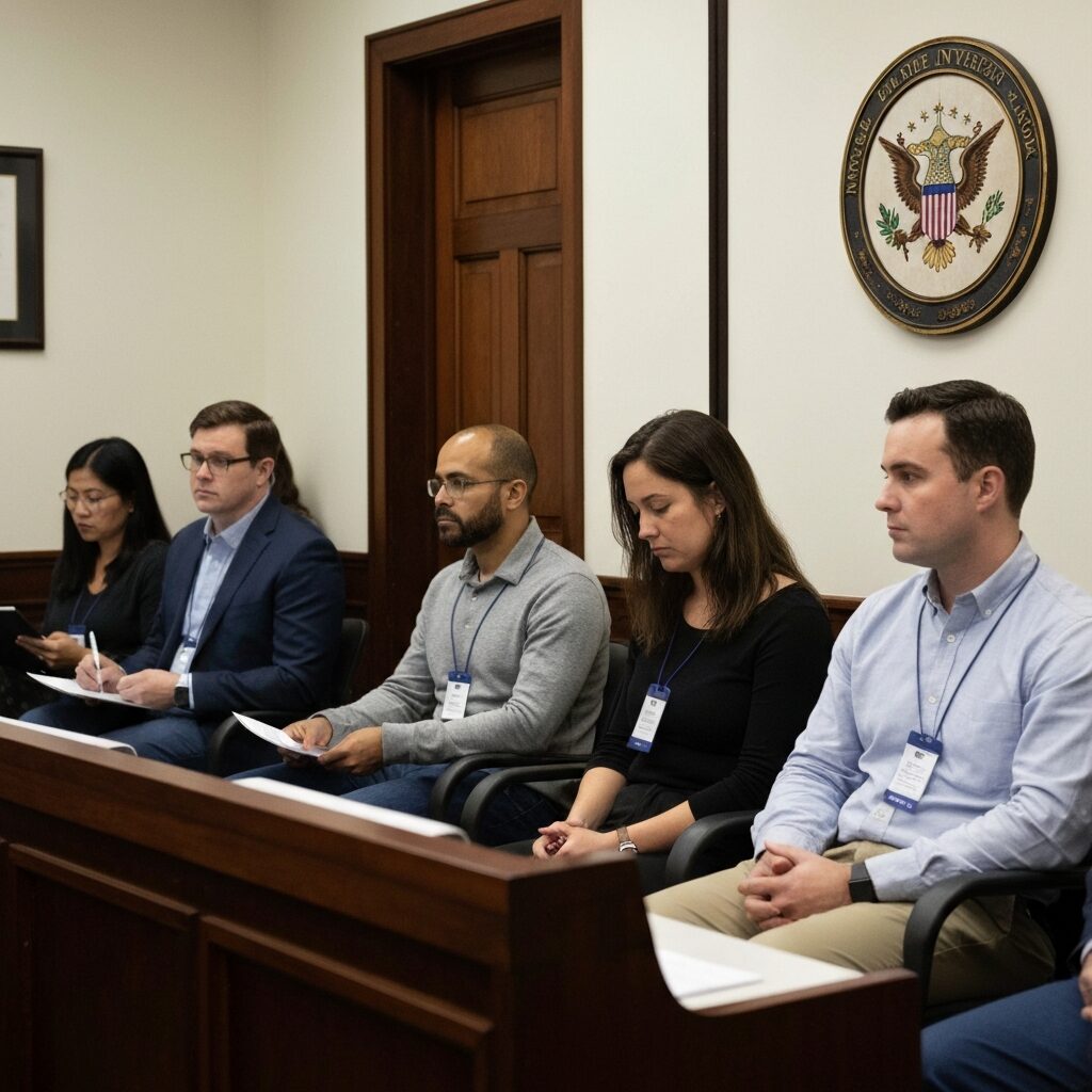 アメリカ大使館の面接待合室、申請者が番号札を持って待っている様子、厳粛な雰囲気