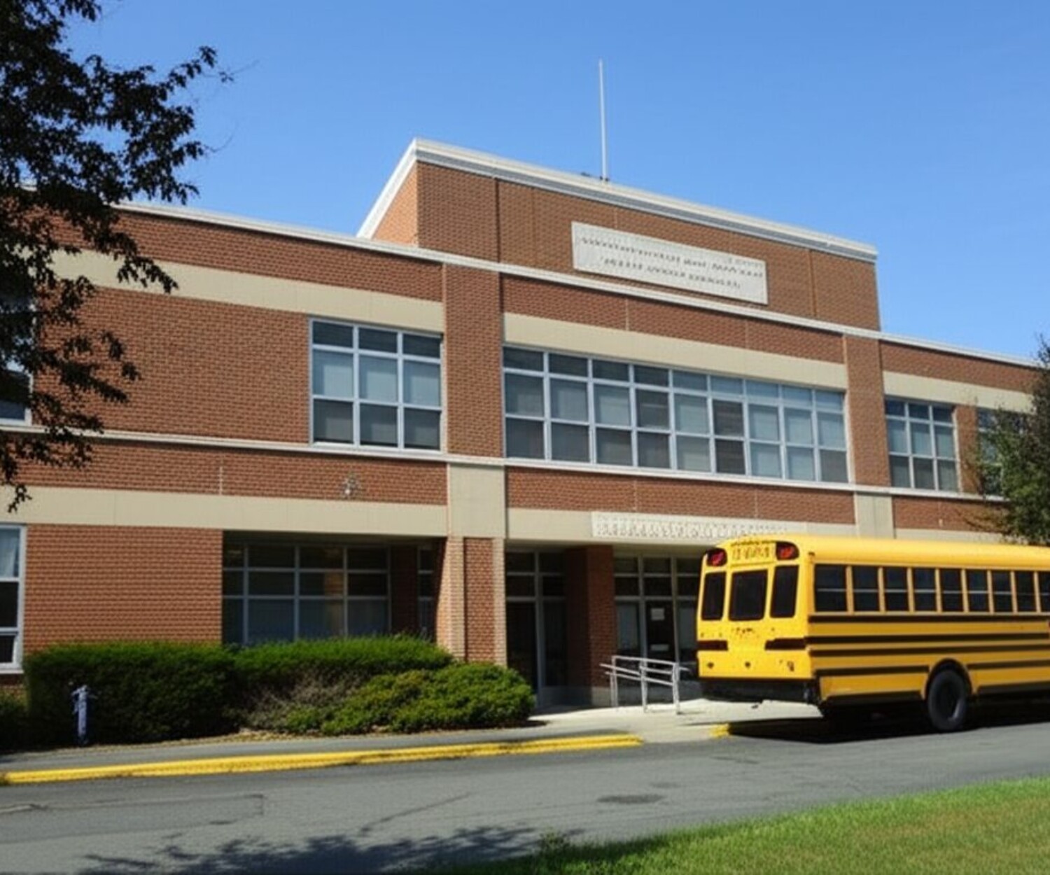 アメリカの小学校外観とスクールバス