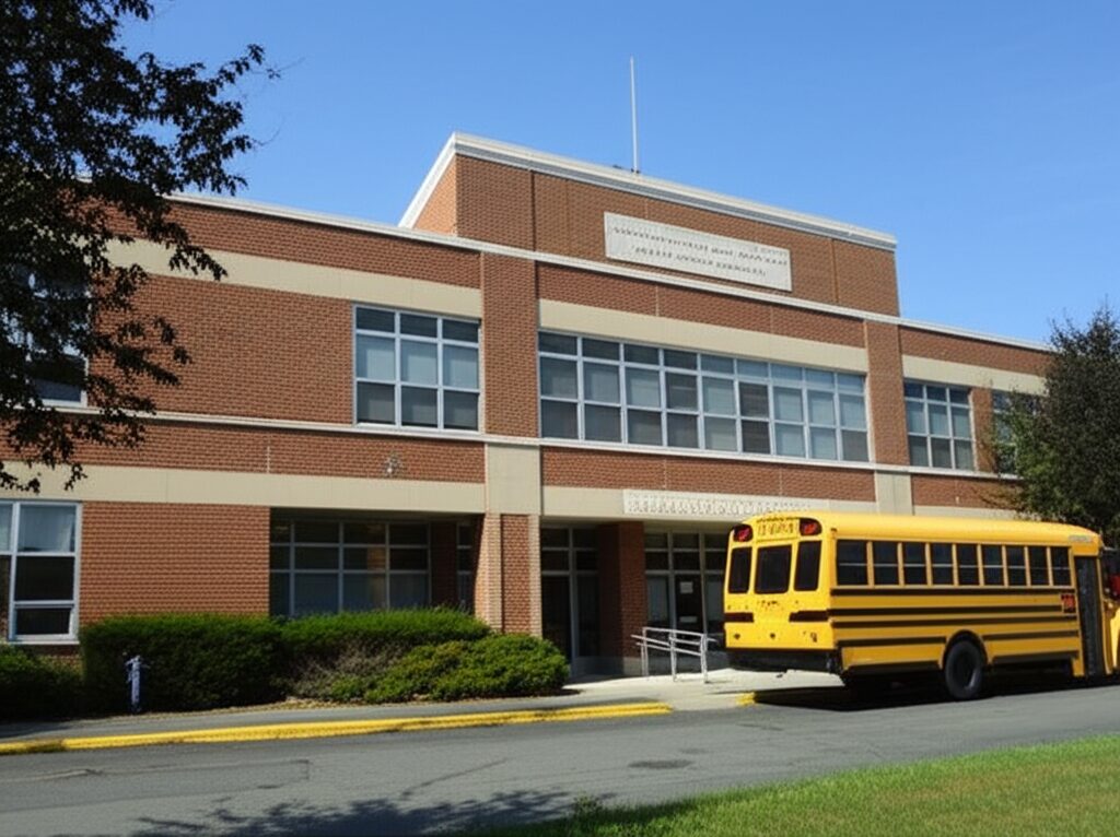 アメリカの小学校外観とスクールバス