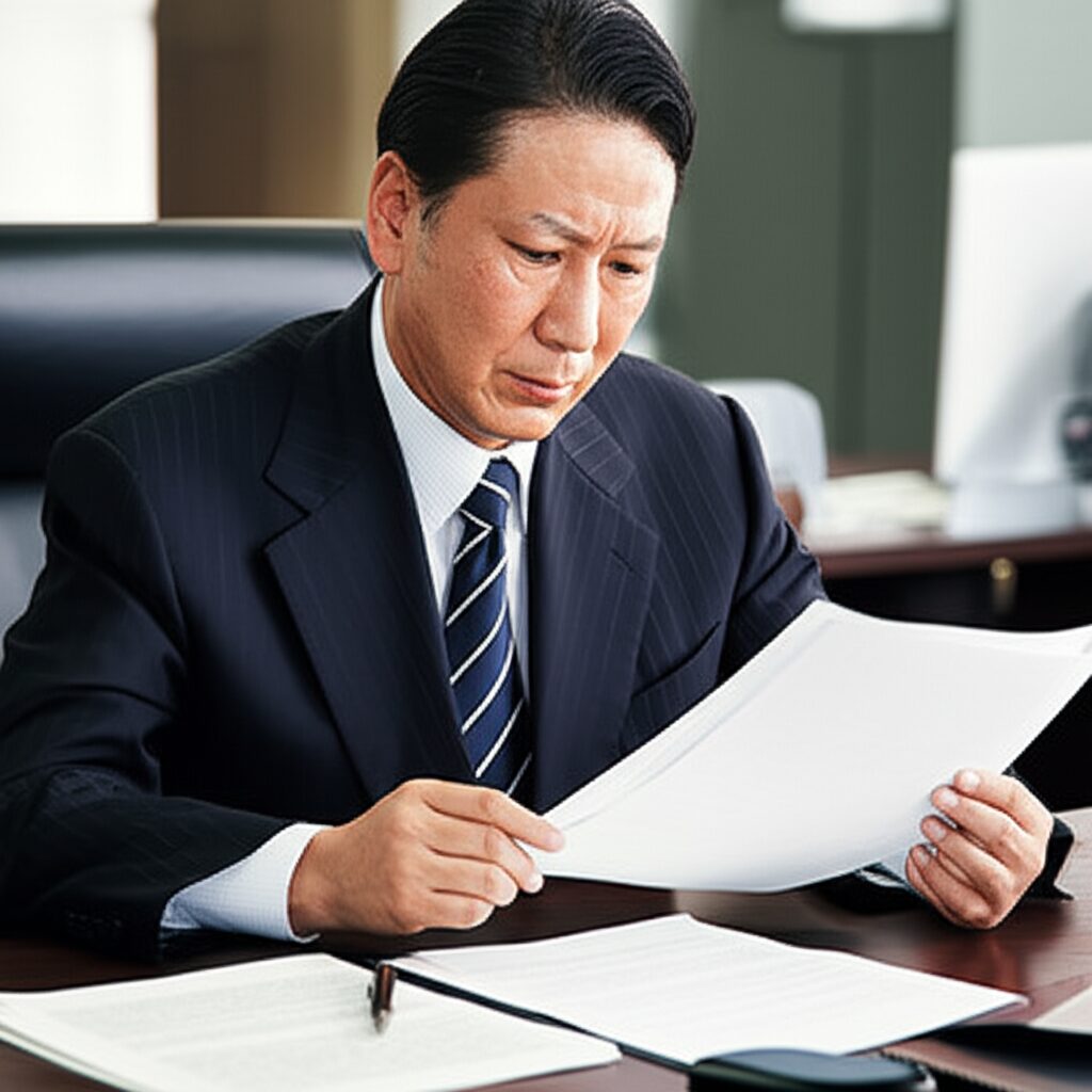 確定申告書を確認する日本人ビジネスパーソン