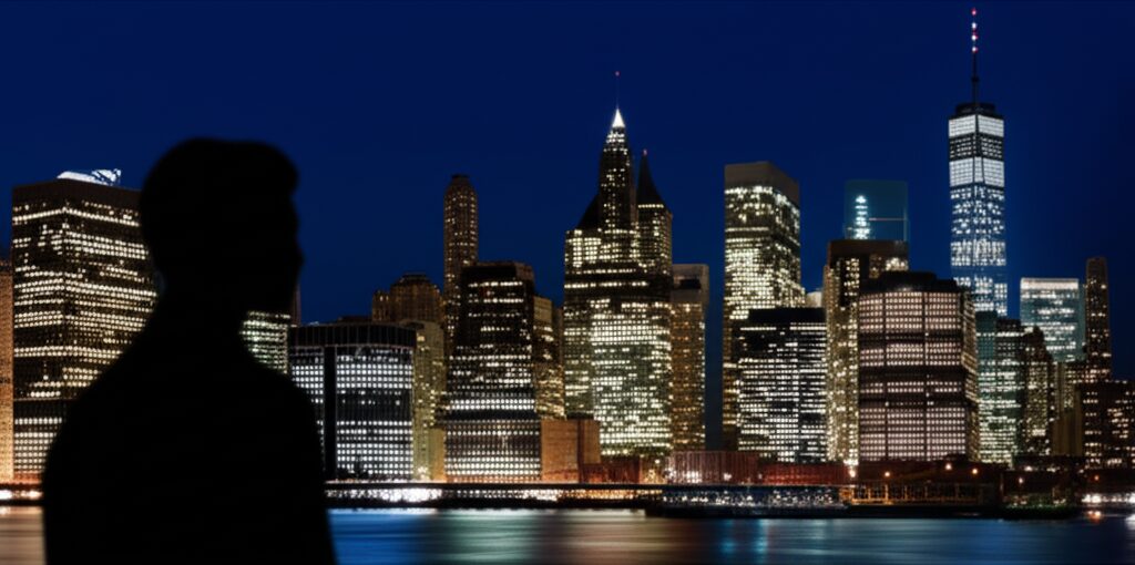 ニューヨークの夜景と書類を持つビジネスパーソン