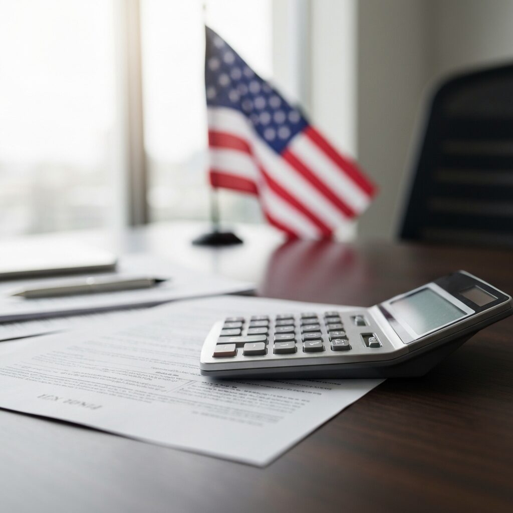 Tax documents and calculator on desk, American flag in background, professional setting