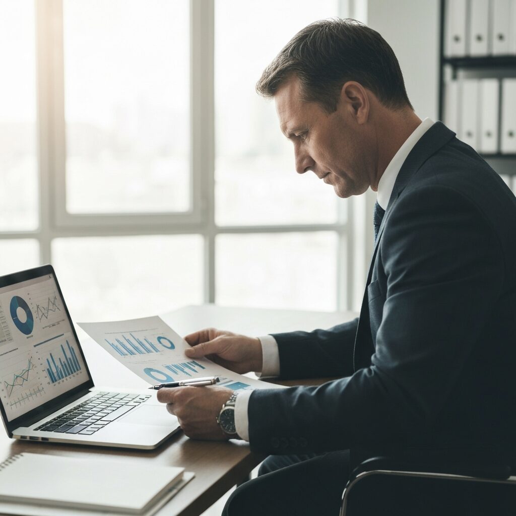 Businessperson reviewing financial documents in modern office, laptop open, natural light