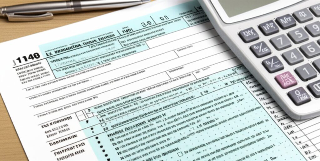 EIN申請書類と計算機が並ぶデスク