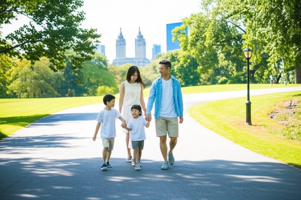 セントラルパーク近くを歩く日本人ファミリー