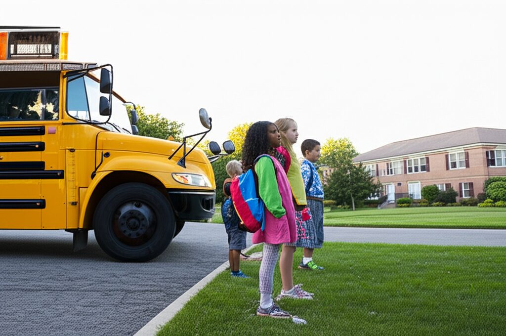 学校前でスクールバスを待つ子供たち