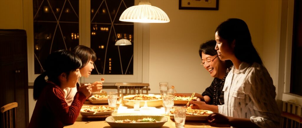 ニューヨークのアパートで団らんする日本人家族