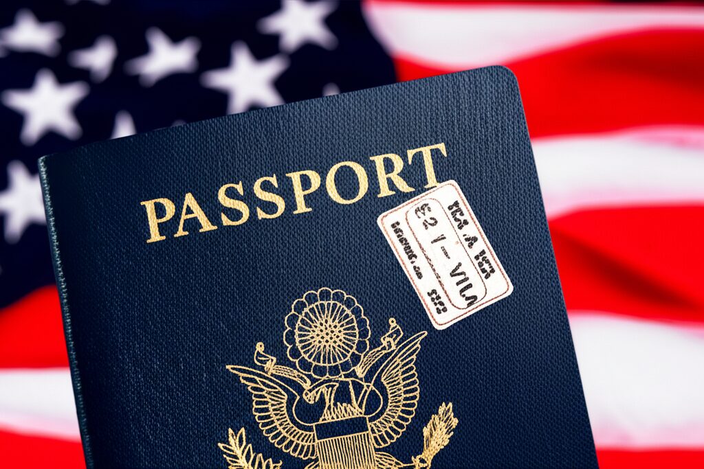 E2ビザスタンプのあるパスポートのクローズアップ