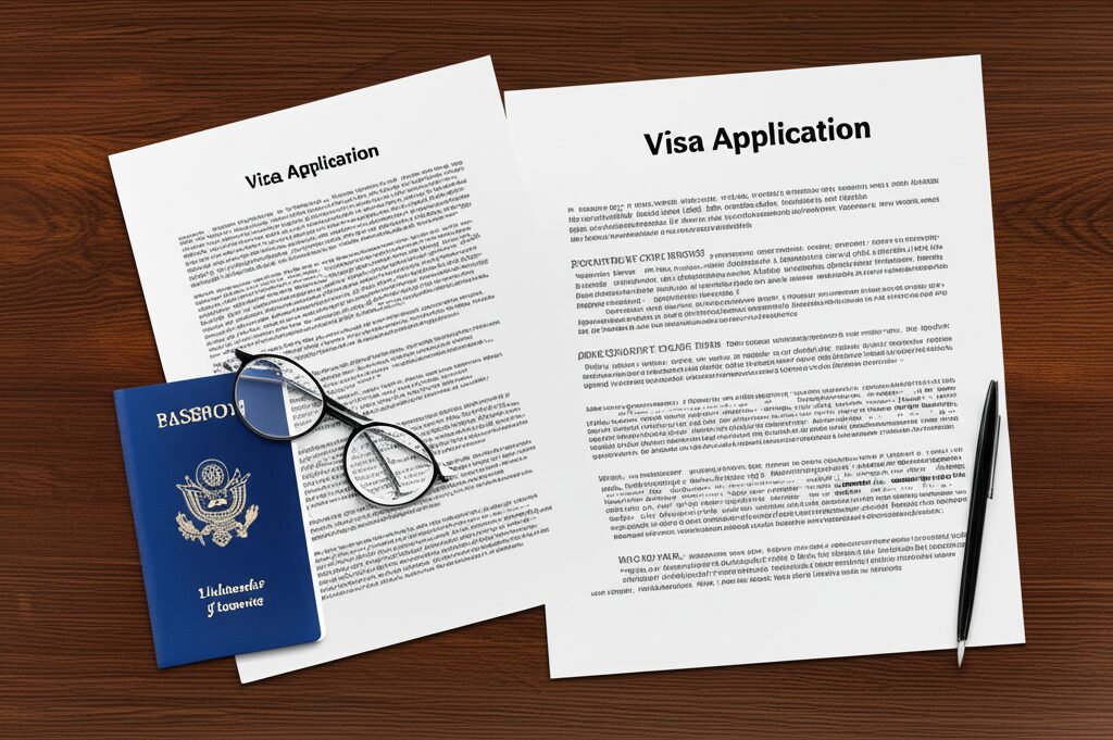 ビザ申請書類とパスポートが並ぶデスク