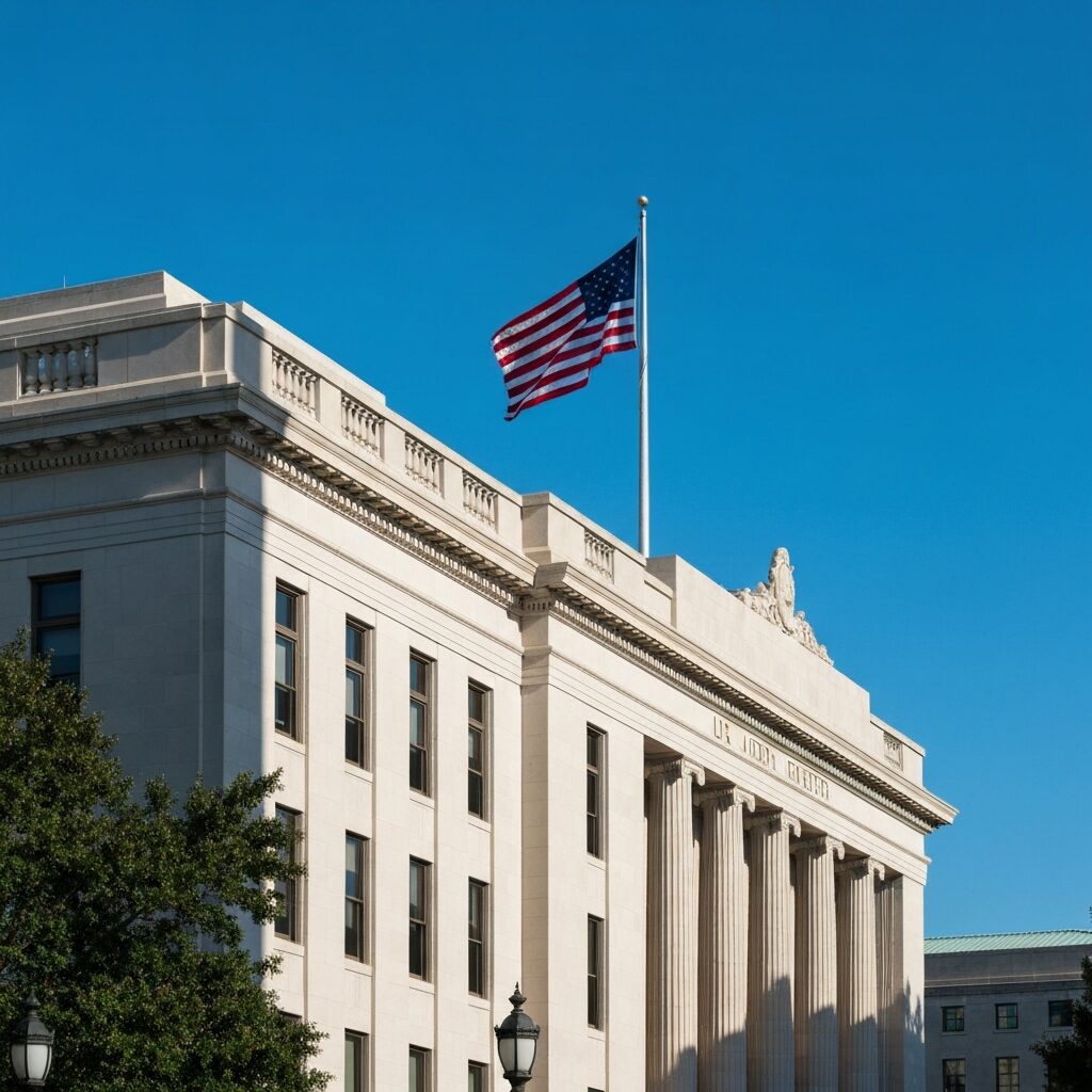 US government building exterior with American flag waving, blue sky, professional photography