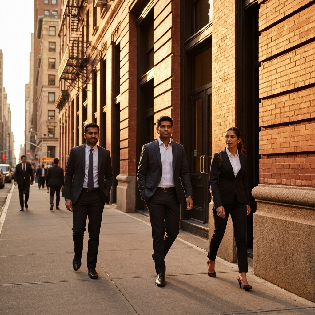 New York City business district, professionals walking on sidewalk, warm sunlight