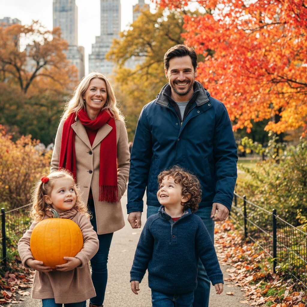 Happy family of four walking in Central Park New York, autumn leaves, warm sunlight