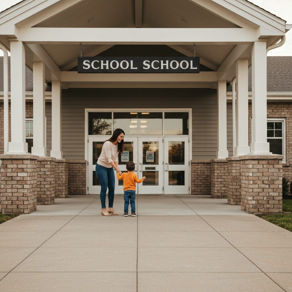 Mother and child at school entrance in American suburb, morning light, professional photo