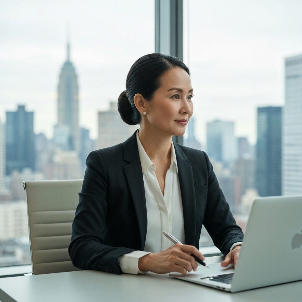 Professional woman working in modern office, New York city view, natural lighting