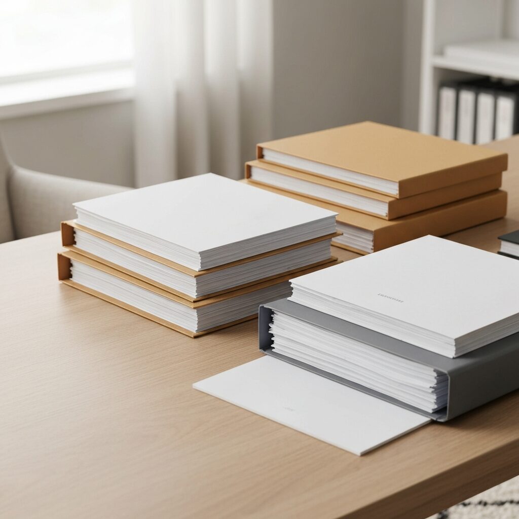Stack of organized legal documents and folders, office setting, natural light