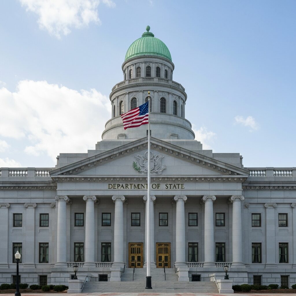 アメリカ国務省のビル外観、星条旗が掲げられた政府機関の建物