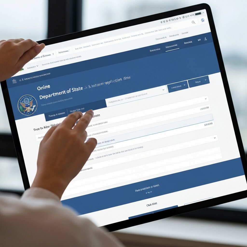 パソコンでオンライン申請をしている様子、アメリカ国務省のウェブサイト画面