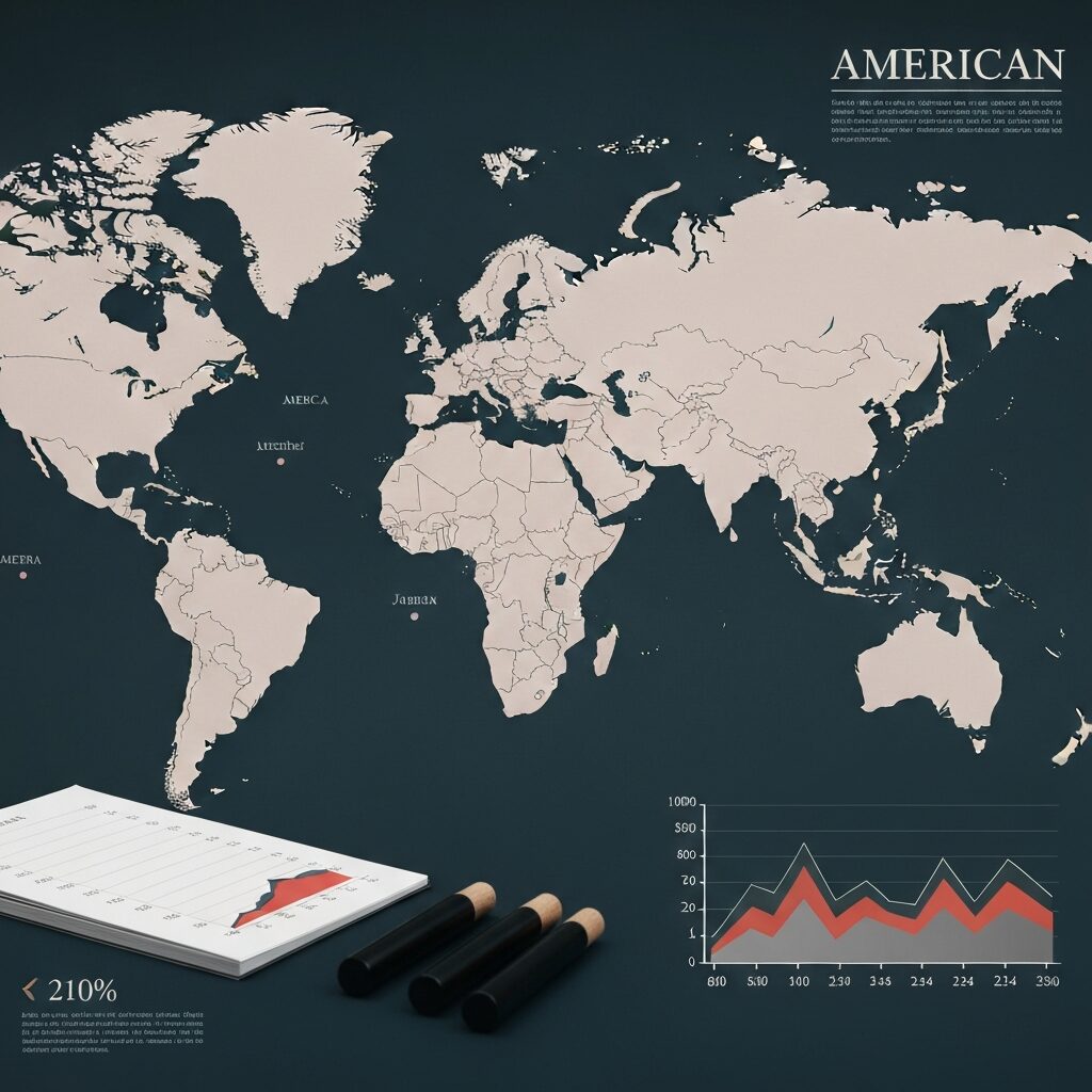 世界地図にアメリカと日本が示された図、統計データを示すグラフ