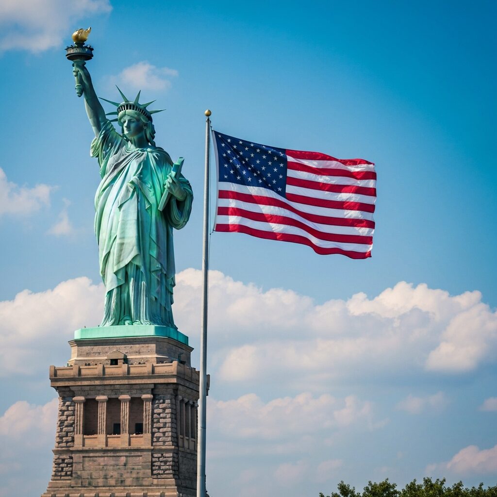 アメリカの自由の女神像と星条旗、希望に満ちた風景