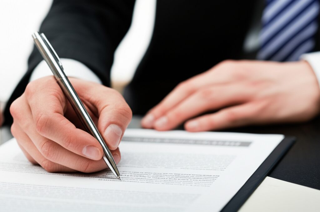 法人登記書類に署名するビジネスパーソン