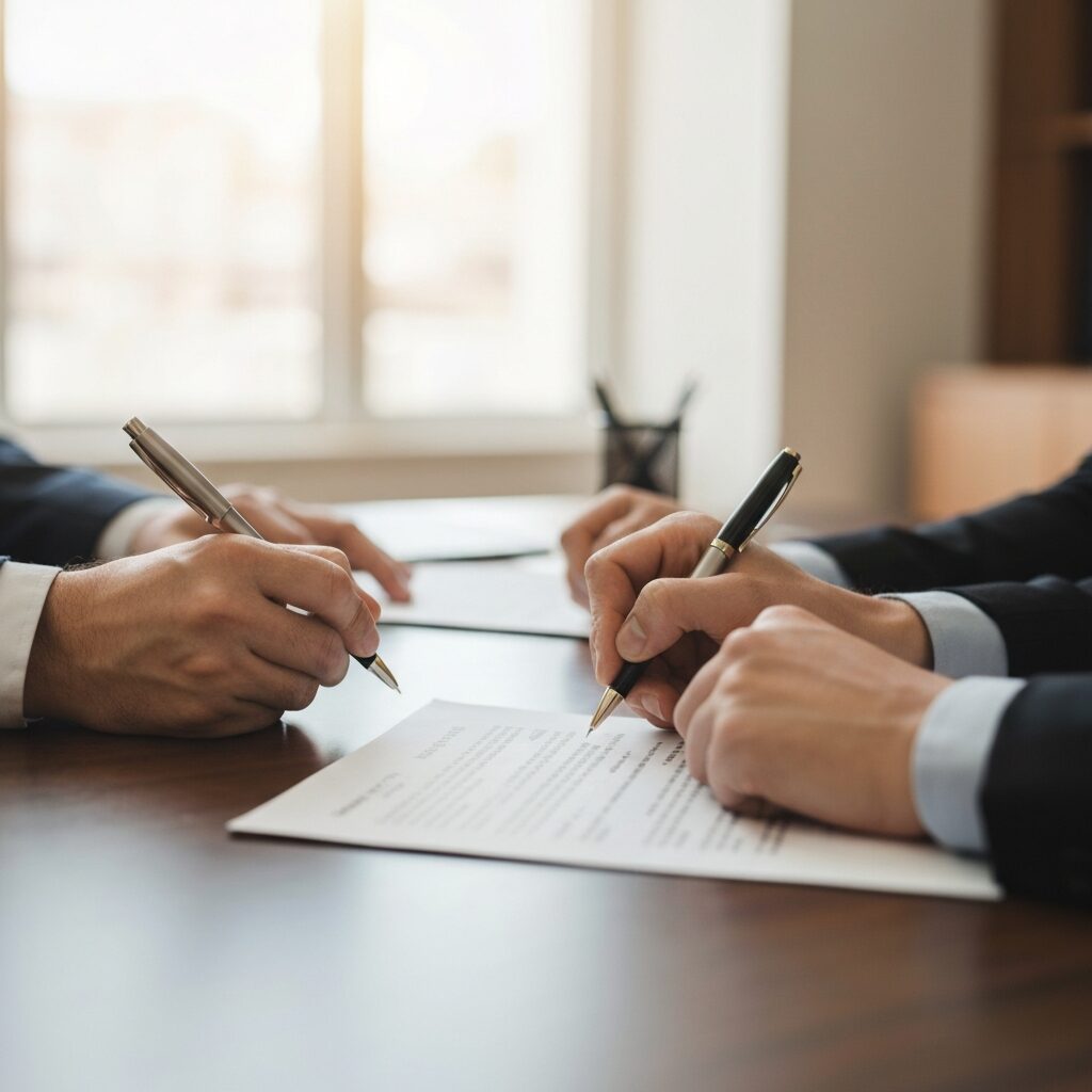 Business documents being signed, close-up hands with pen, professional office setting