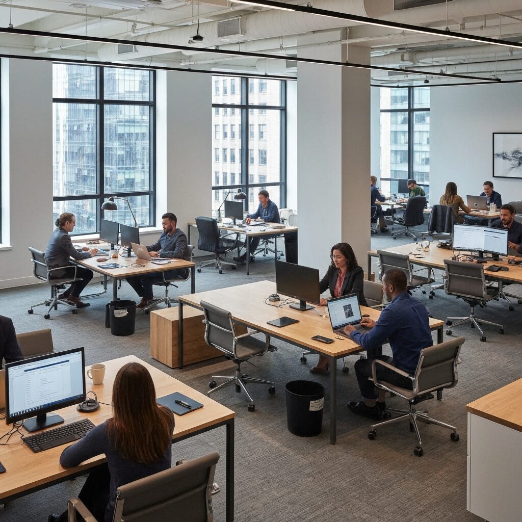 Modern coworking space in Manhattan, open office, natural light, professional