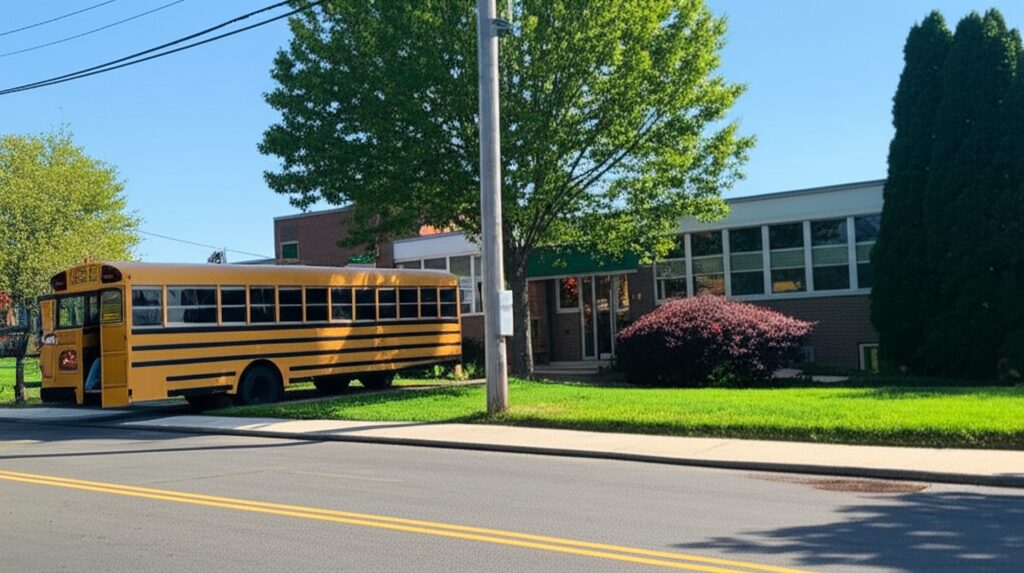 スクールバスが停まるアメリカの公立小学校