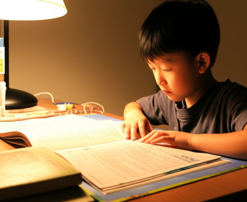 机に向かって勉強する子供