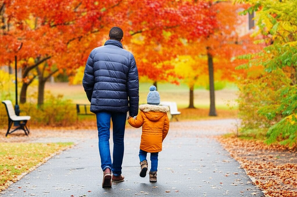 セントラルパーク近くを歩く親子