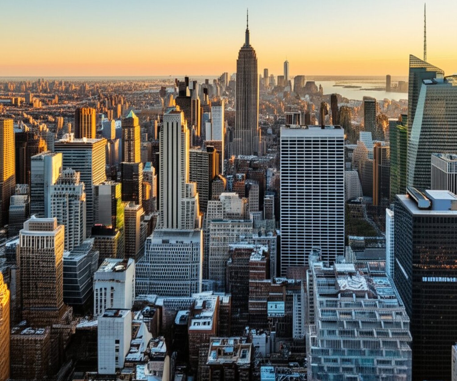 マンハッタンの高層アパートメント群と夕焼けの空撮