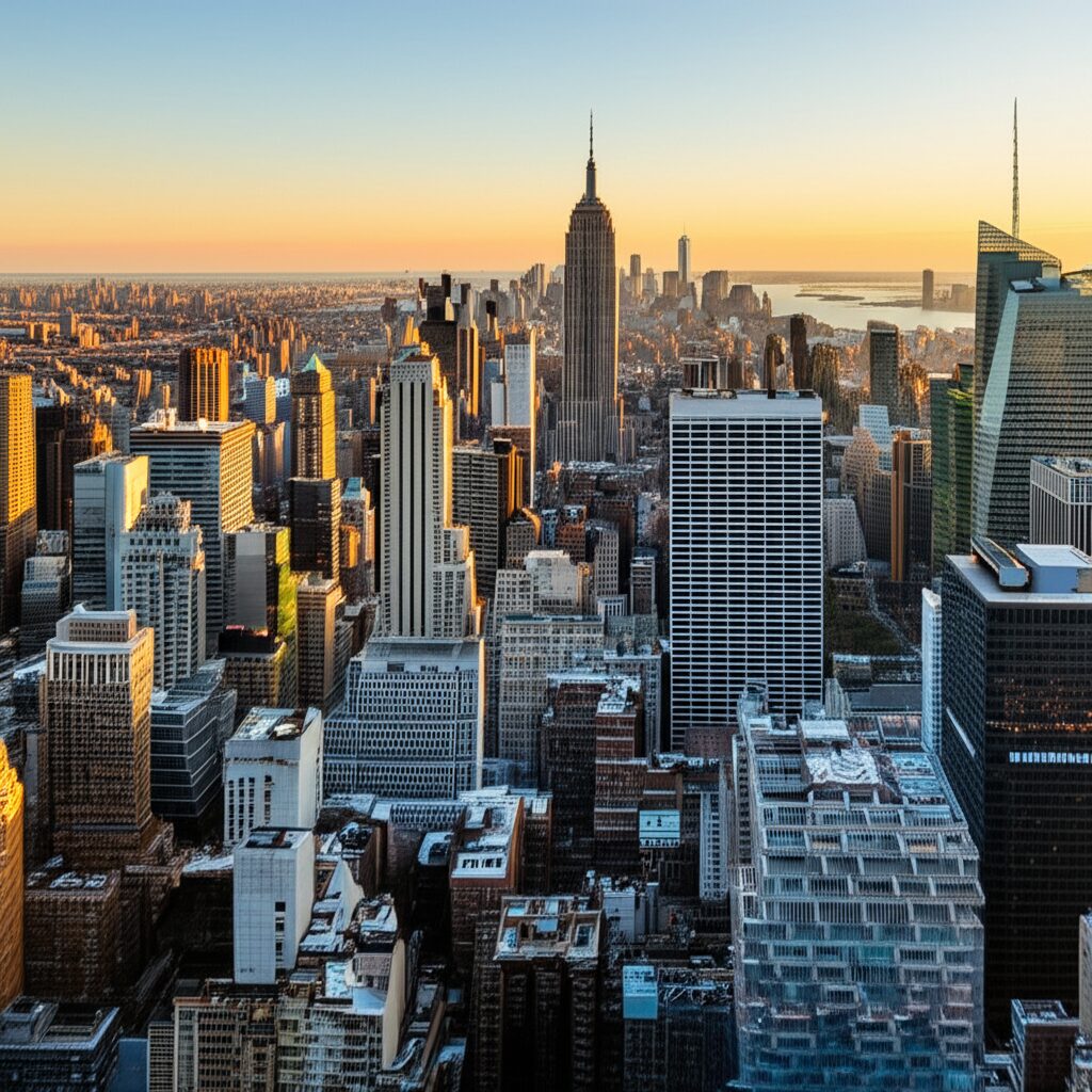 マンハッタンの高層アパートメント群と夕焼けの空撮