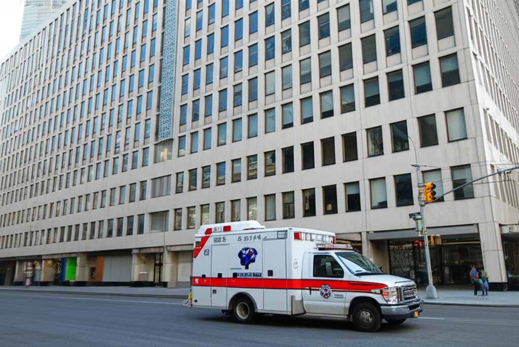 ニューヨークの病院前に停まる救急車