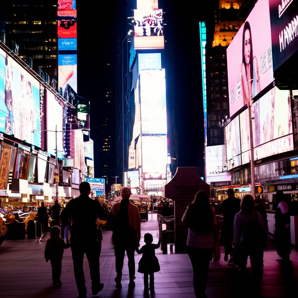 タイムズスクエアの夜景と家族のシルエット
