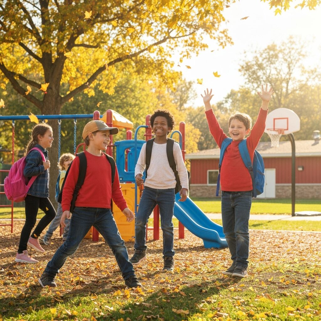 Children playing in school playground, American school, sunny autumn day, cheerful