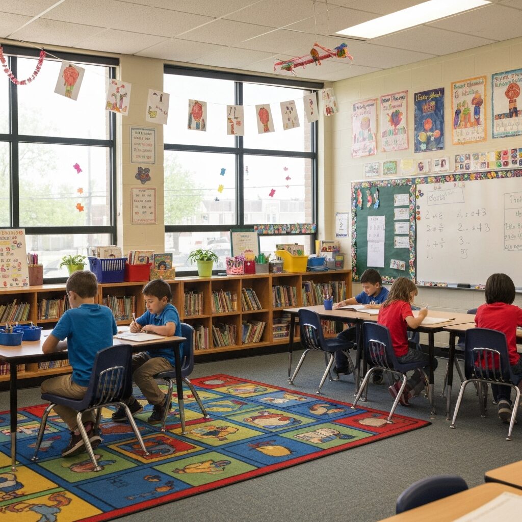Classroom interior of American elementary school, colorful decorations, bright natural light