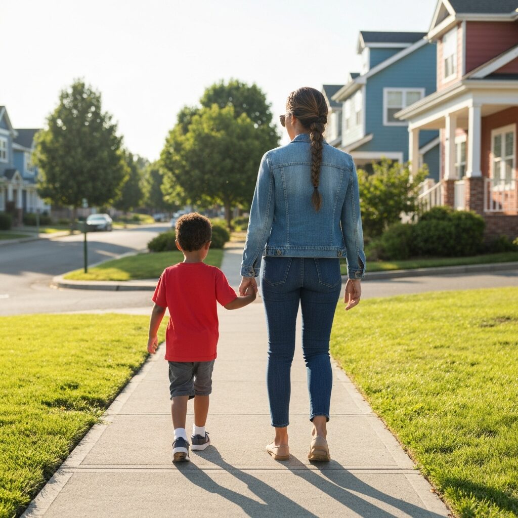Parent and child walking together toward school entrance, morning, suburban America