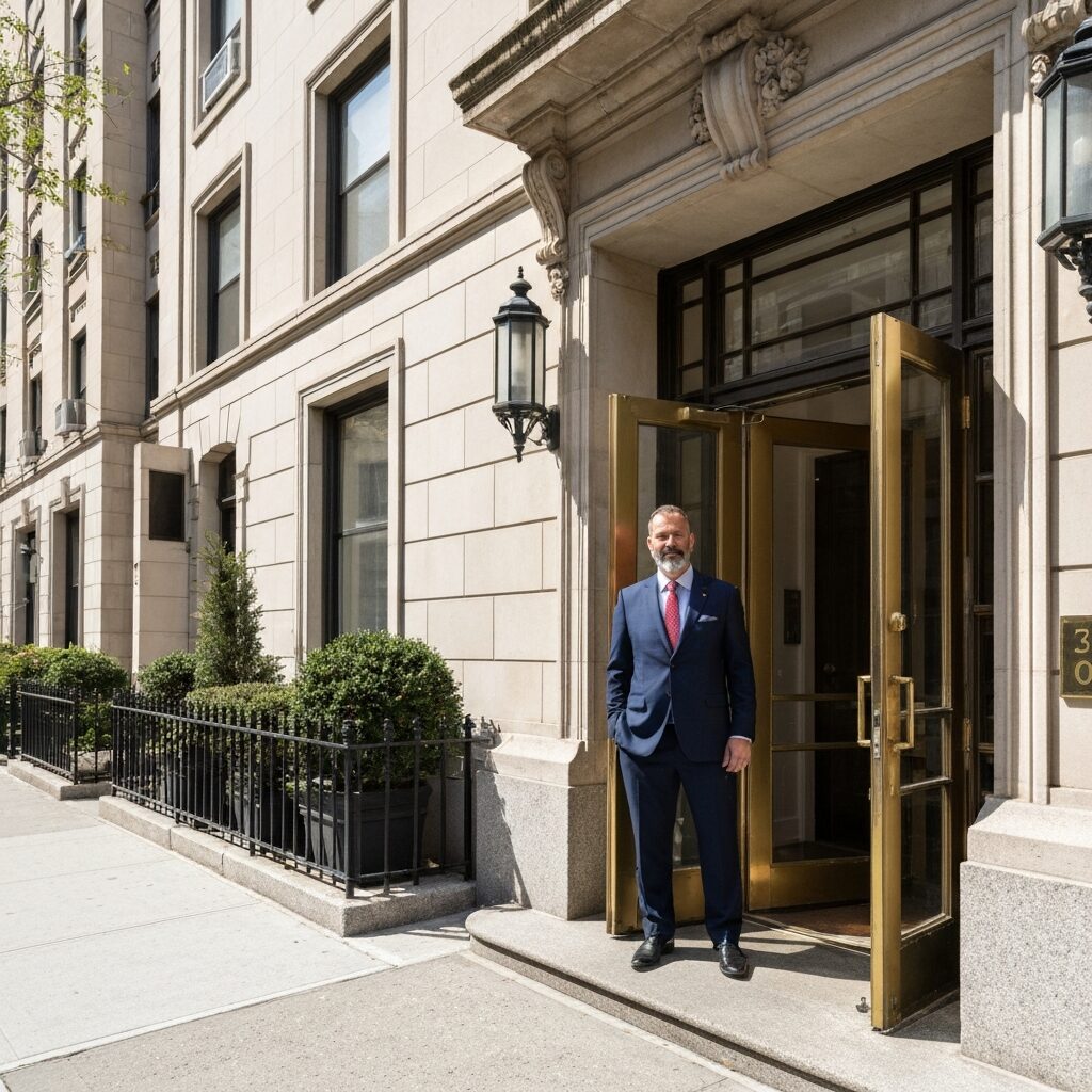Manhattan apartment building exterior, doorman building, sunny day, upscale neighborhood