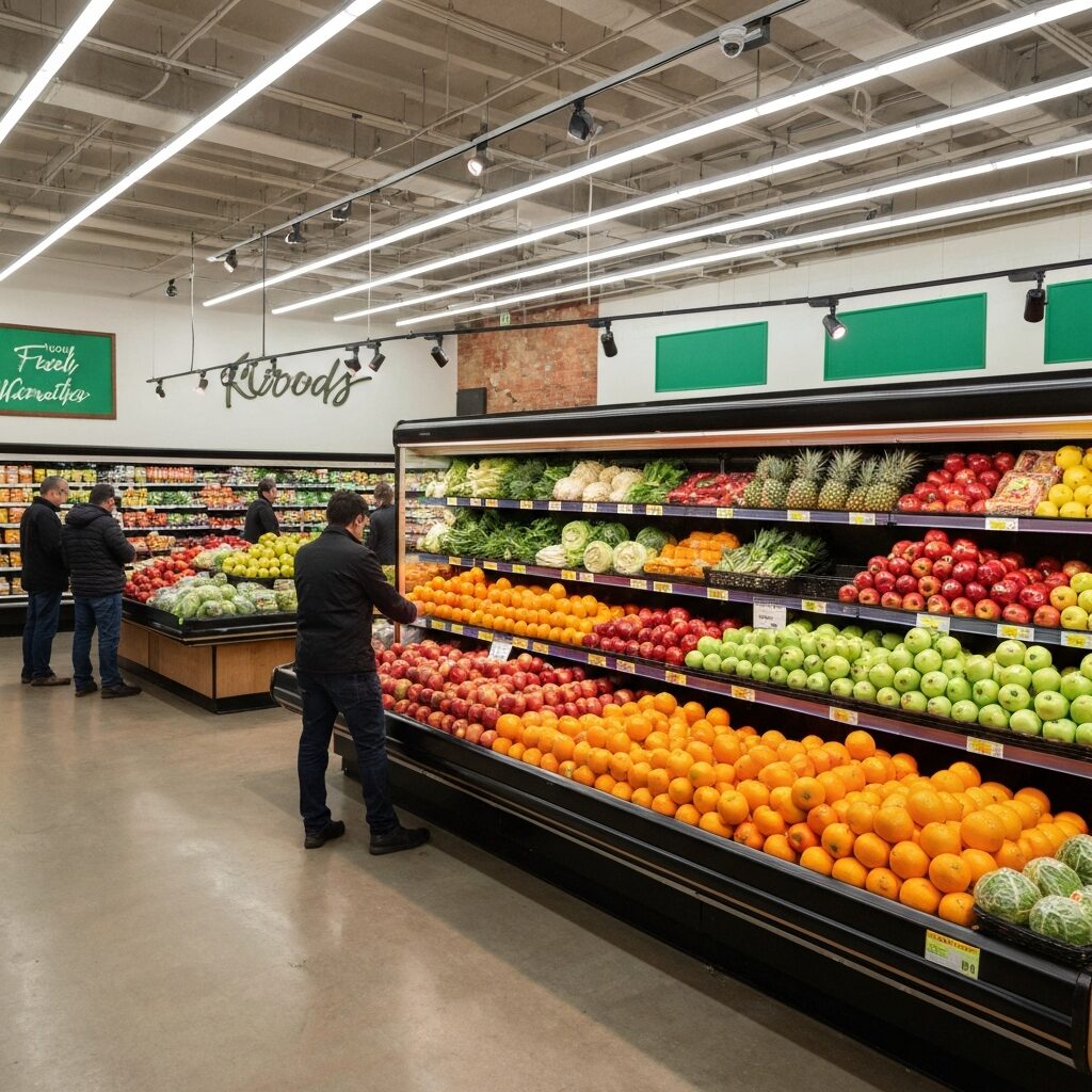 Grocery store interior in New York City, fresh produce section, bright lighting
