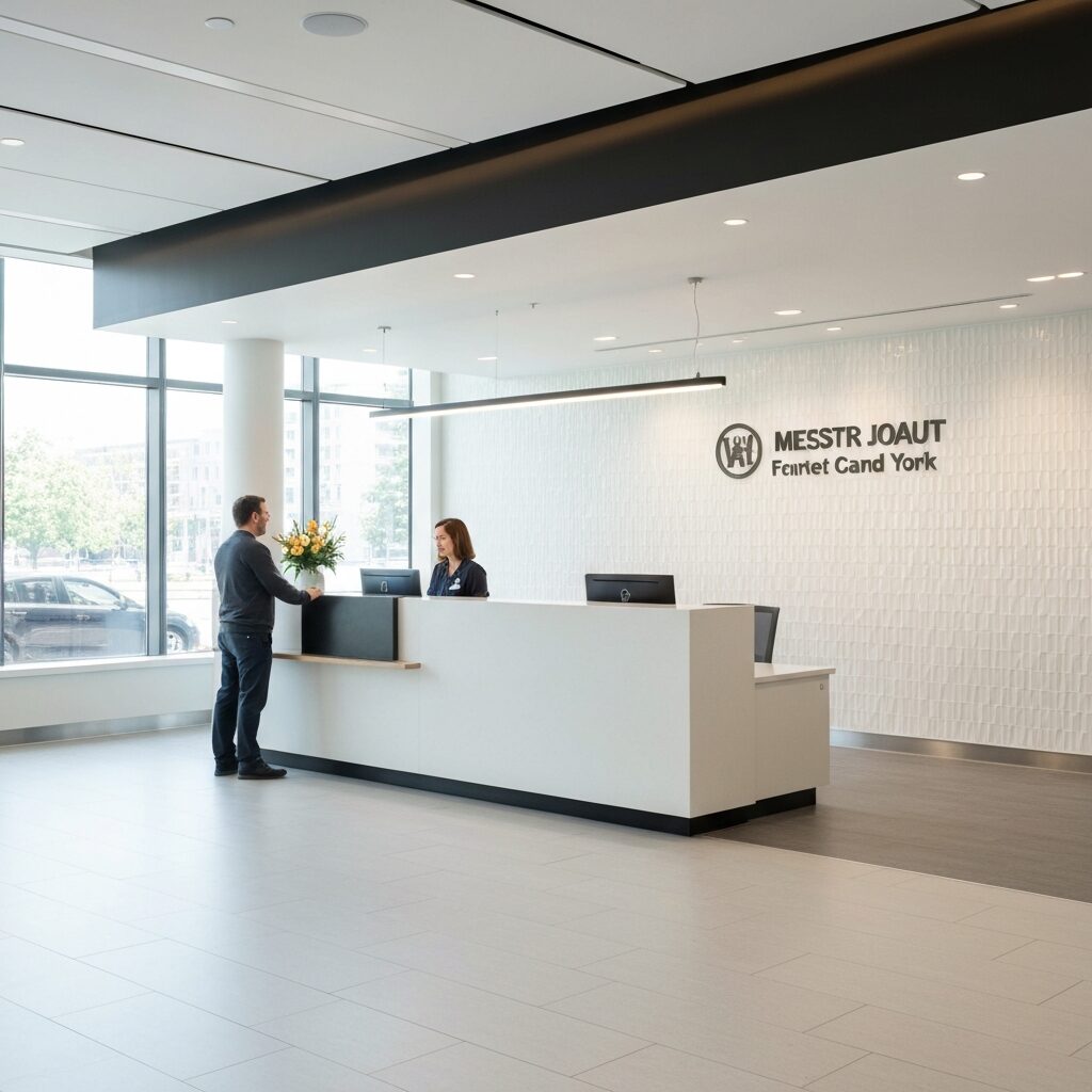 Modern hospital reception area in NYC, clean professional setting, natural light