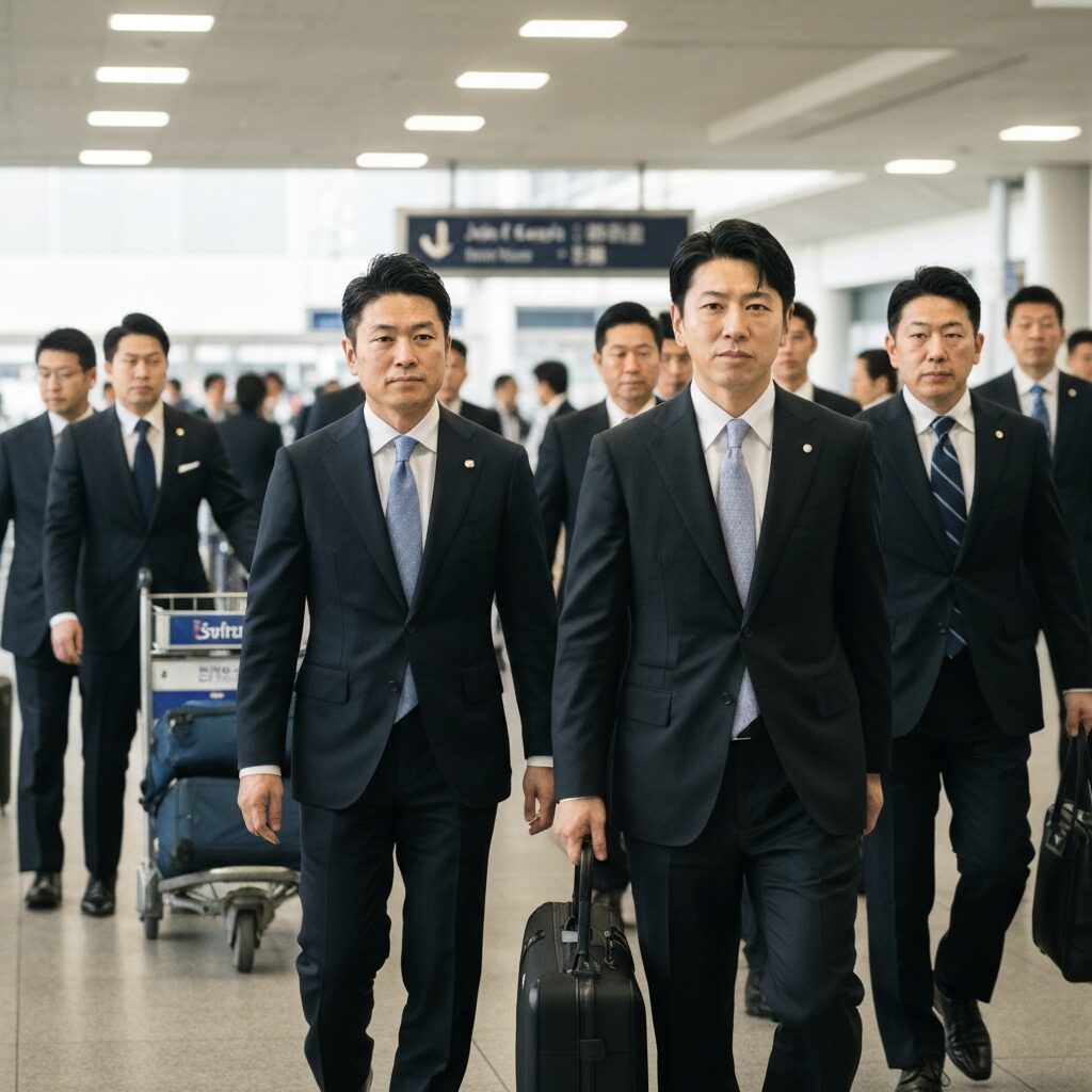 Japanese business delegation at JFK airport arrivals, professional attire, daytime