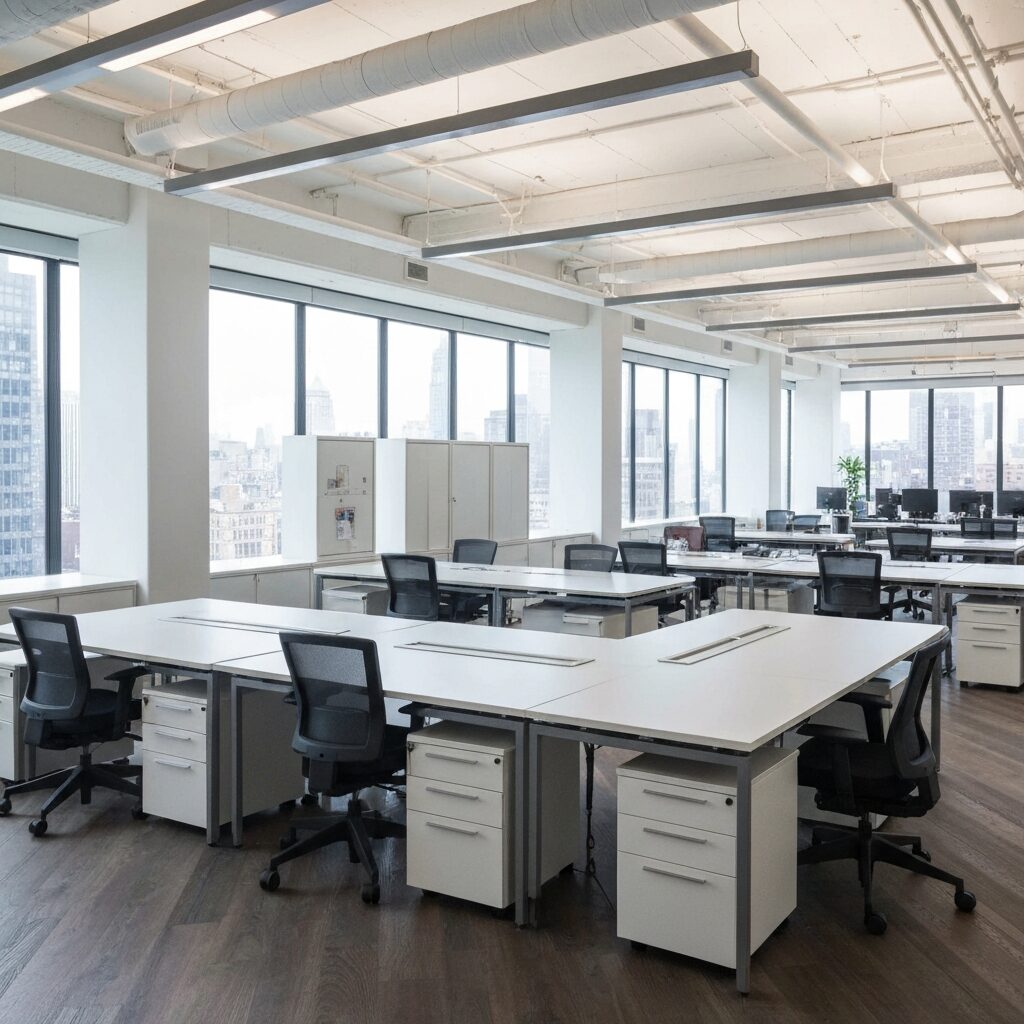 Modern office space in Manhattan with city view, empty desks ready for setup, bright